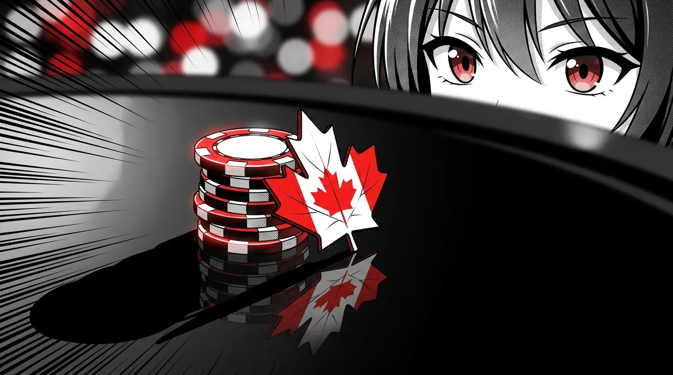 Casino chips with Canadian maple leaf in red and white lighting