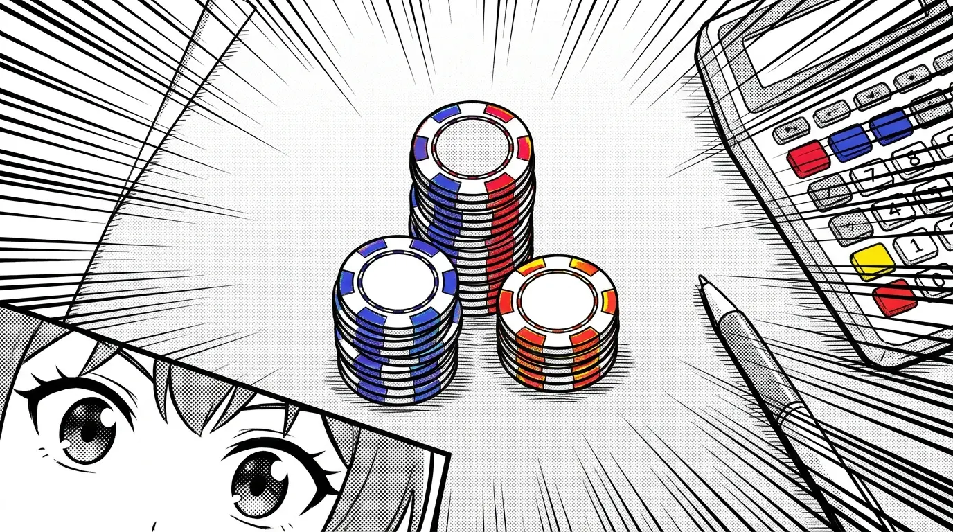 Casino chips stacked in groups with calculator on betting table