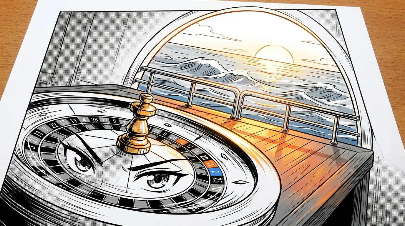 Roulette wheel with ocean view at sunset