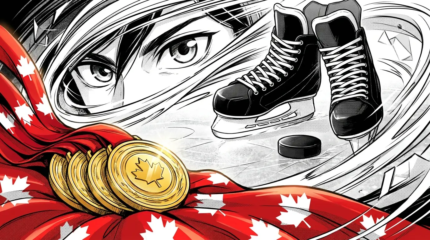 Olympic medals with Canadian symbols and hockey equipment