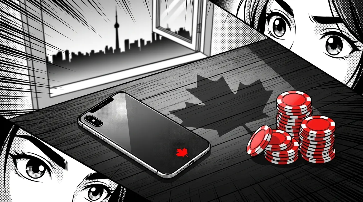 Smartphone with casino chips and maple leaf shadow on wooden table