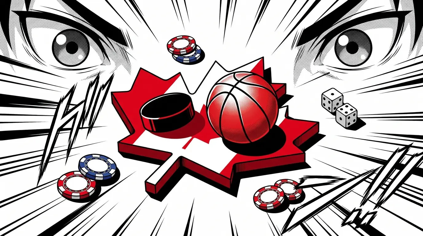 Sports equipment and casino items on maple leaf with Ontario colors