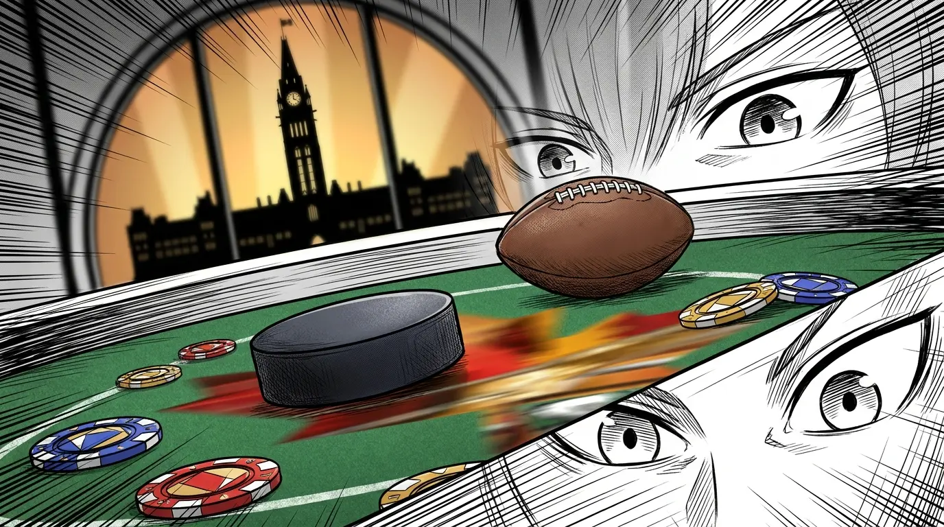 Sports equipment and casino chips with Ottawa skyline background