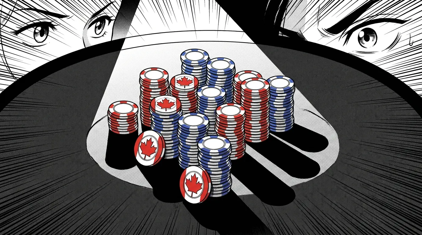 Casino chips arranged in comparison rows with Canadian themed elements