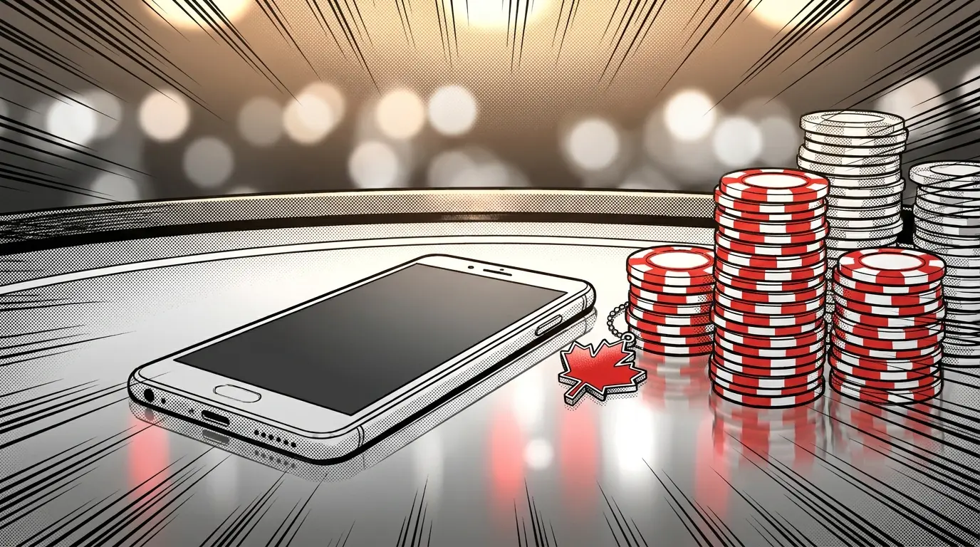 Smartphone with poker chips and Canadian maple leaf on casino table