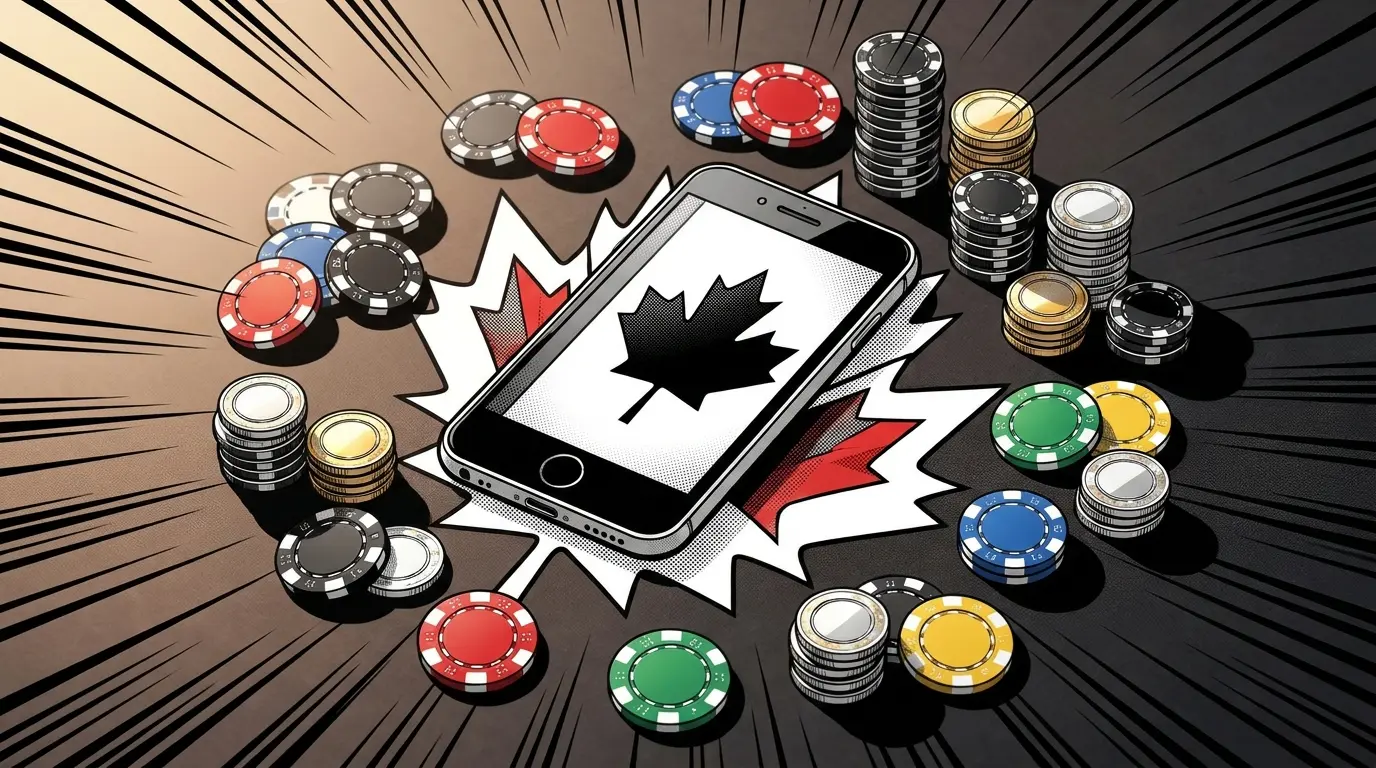 Smartphone with casino chips on Canadian maple leaf background