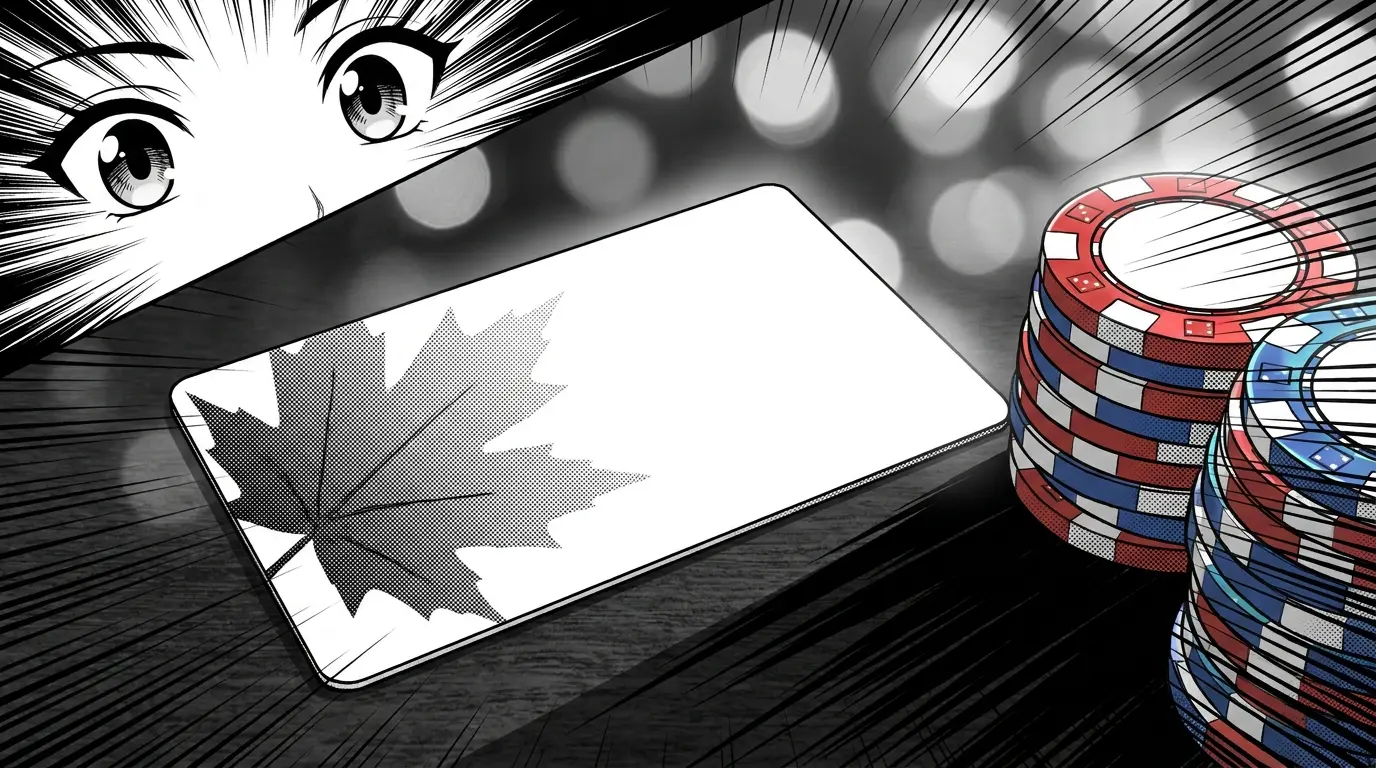 Prepaid card with maple leaf shadow and casino chips in Canadian colors