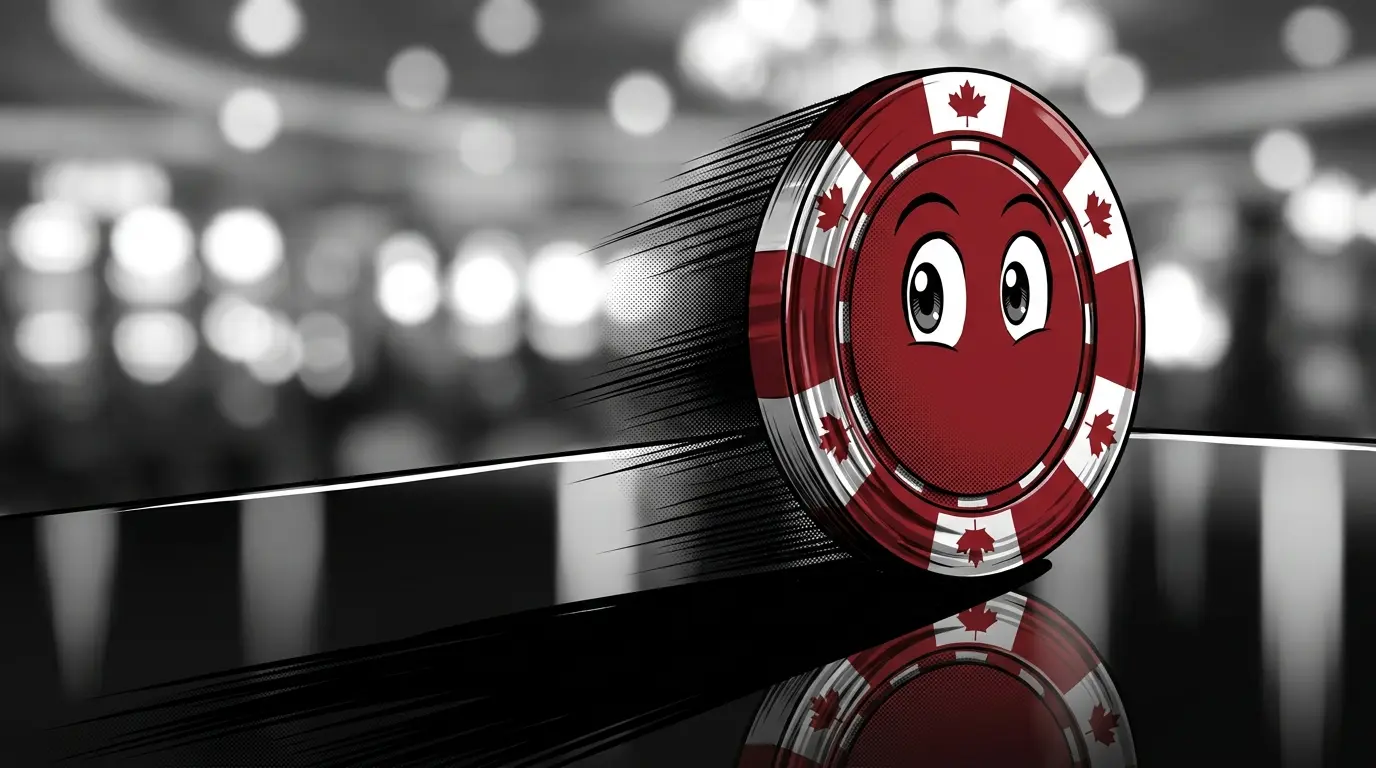 Red poker chip with Canadian colors on reflective surface