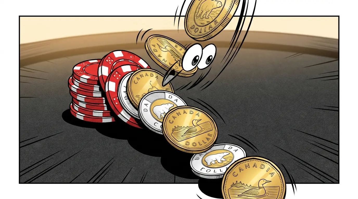 Red and white poker chips with Canadian currency coins