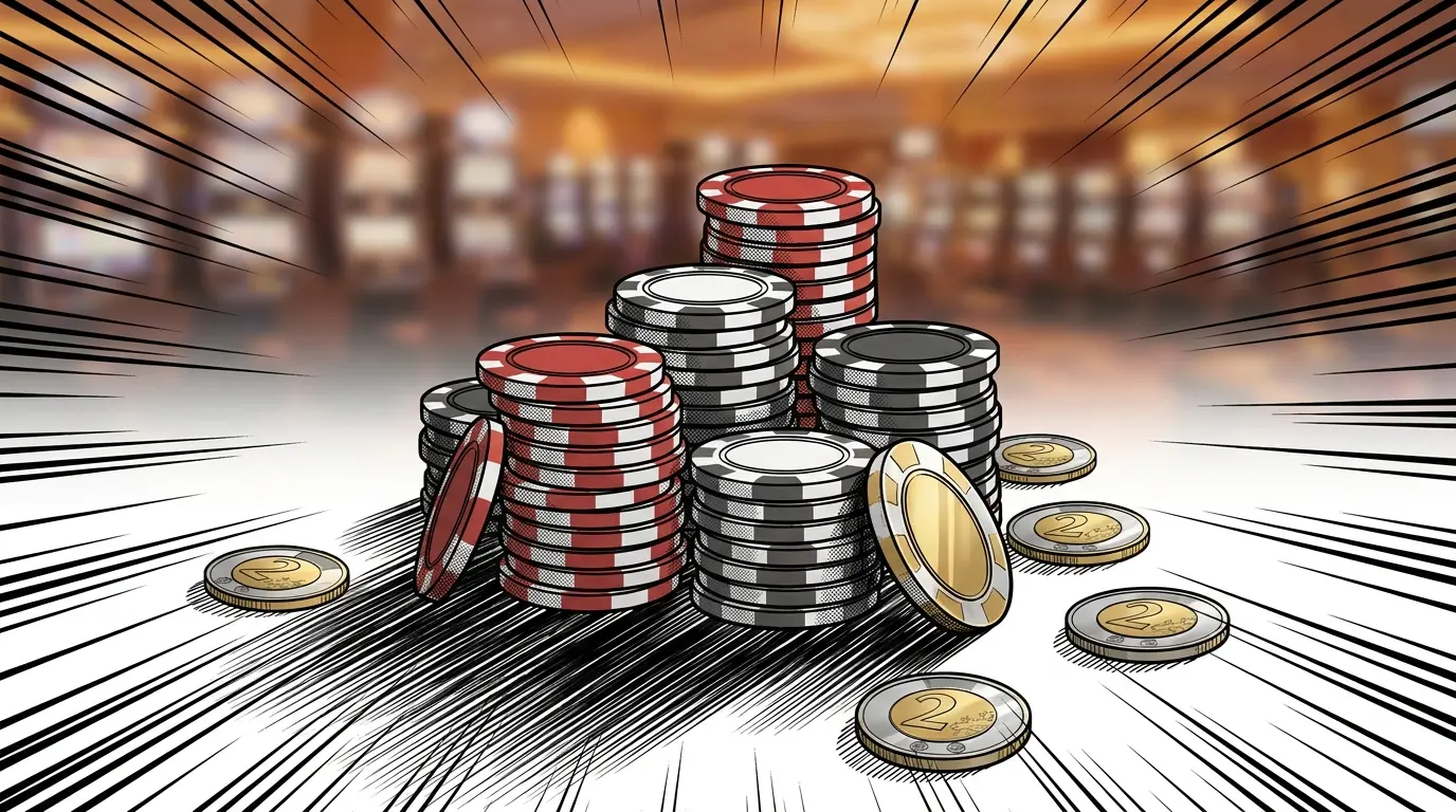 Stacked poker chips with Canadian coins on casino floor