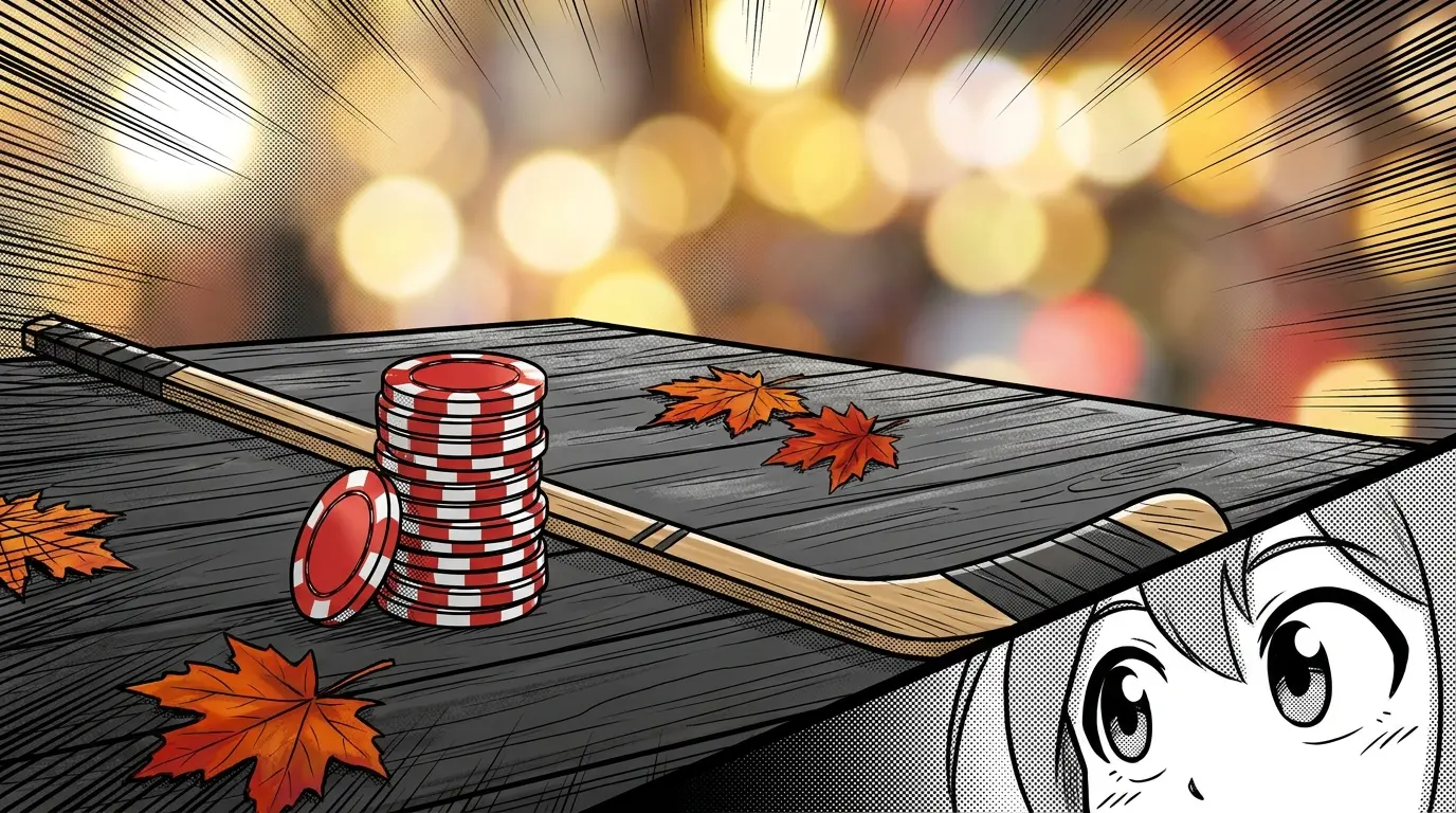 Poker chips and hockey equipment with maple leaves arrangement