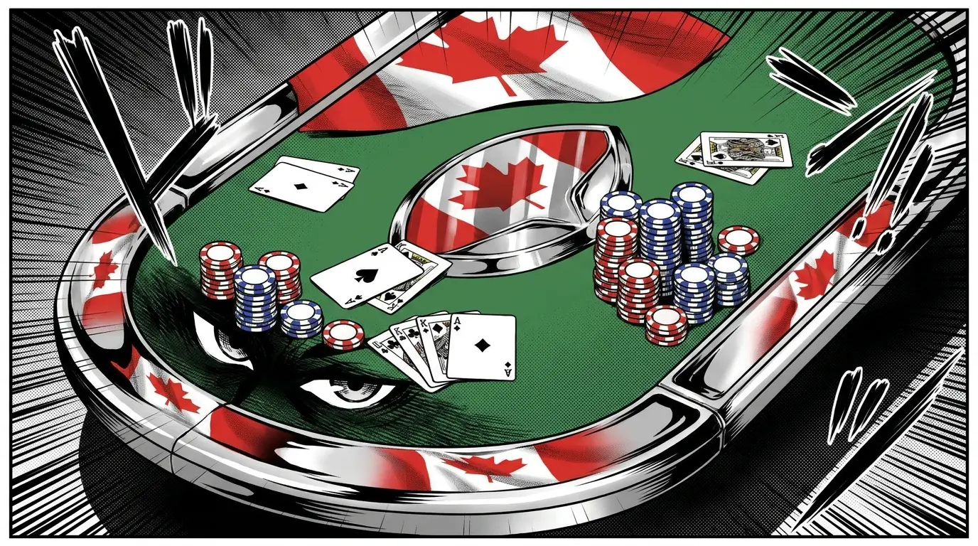 Poker cards and chips on casino table with Canadian colors