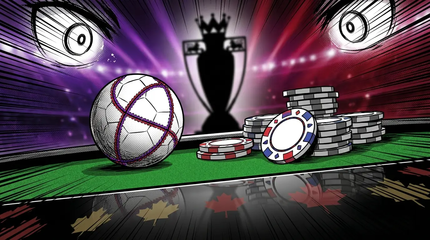 Football with betting chips on table with Canadian maple leaf accents