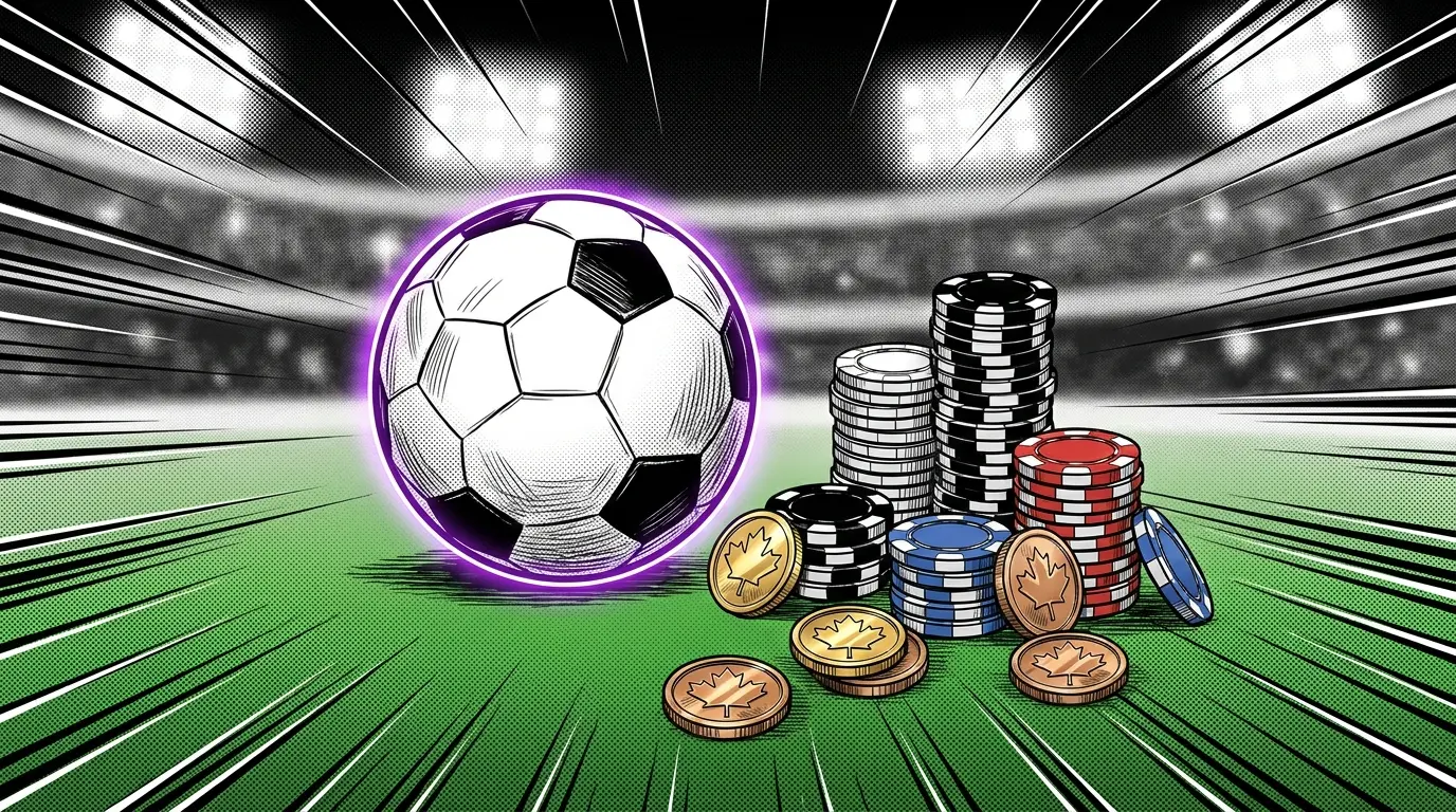 Football with betting chips and Canadian coins on stadium pitch
