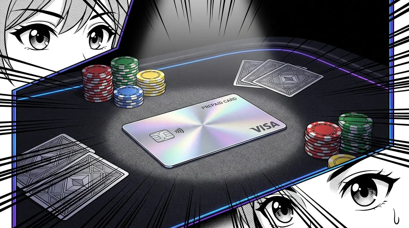 Prepaid card with casino chips and cards on elegant gaming table