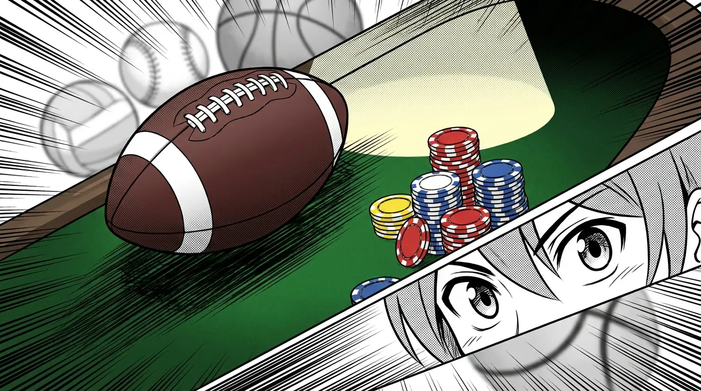 Sports equipment and casino chips arranged on gaming table