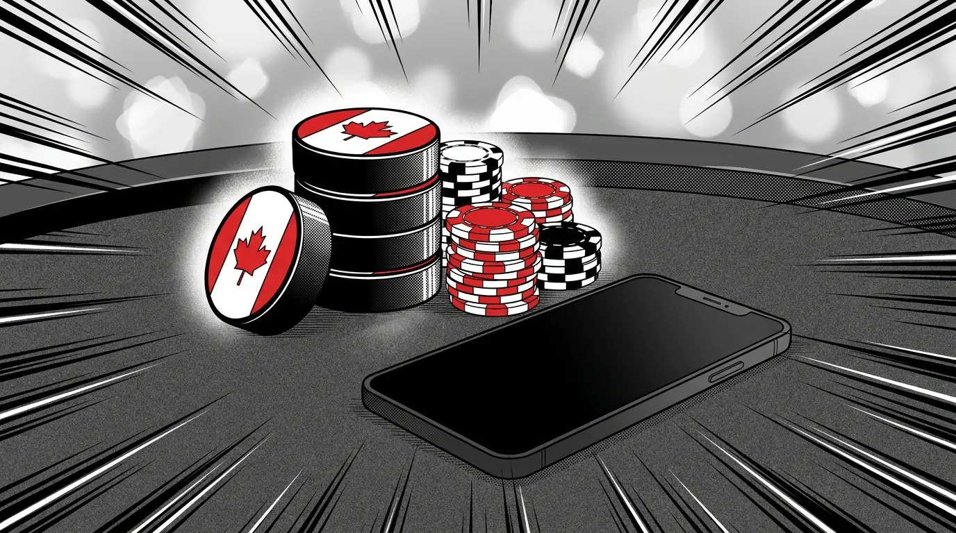 Hockey pucks and poker chips with phone in Canadian colors