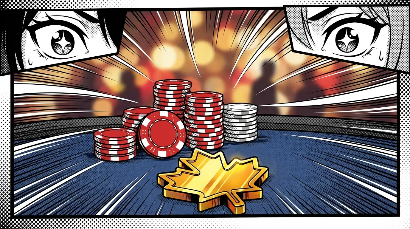 Casino chips and golden maple leaf token on gaming table