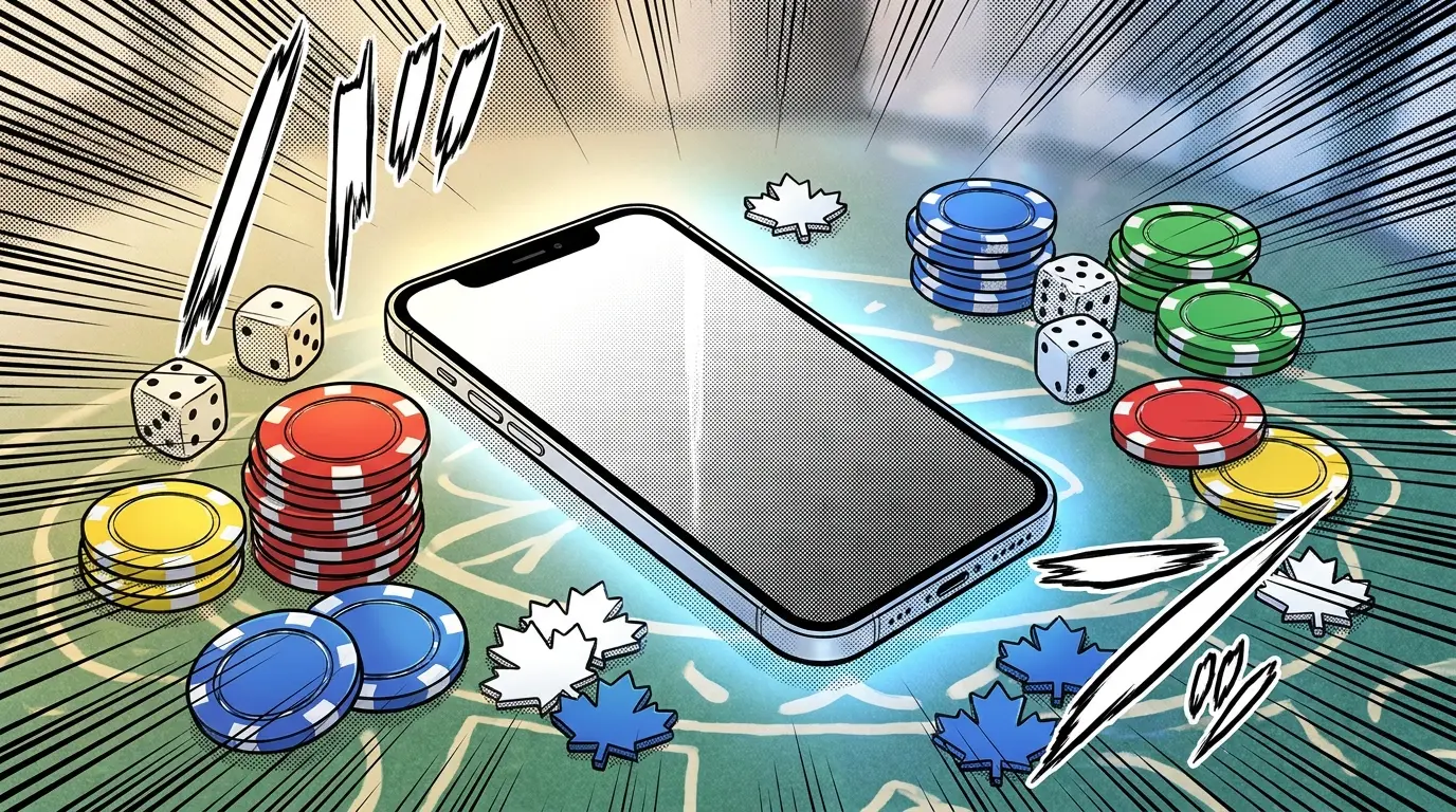 Mobile phone with casino chips and dice in Quebec-themed colors