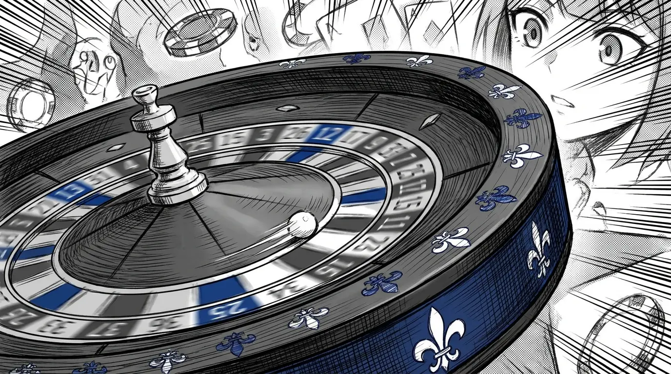 Spinning roulette wheel with Quebec-inspired design elements