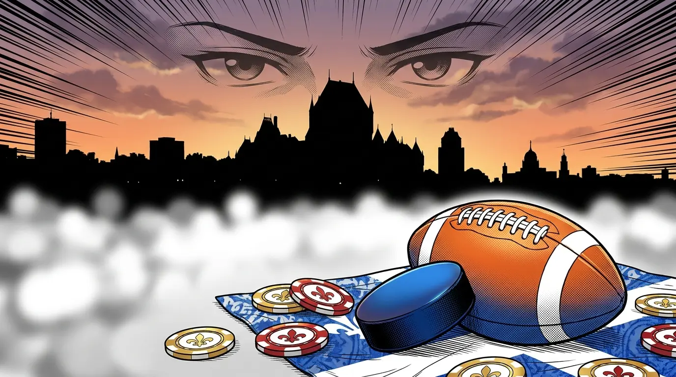 Hockey puck and football with casino chips on Quebec-themed fabric