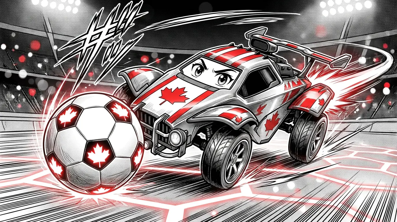 Rocket League car with glowing ball in Canadian-themed arena