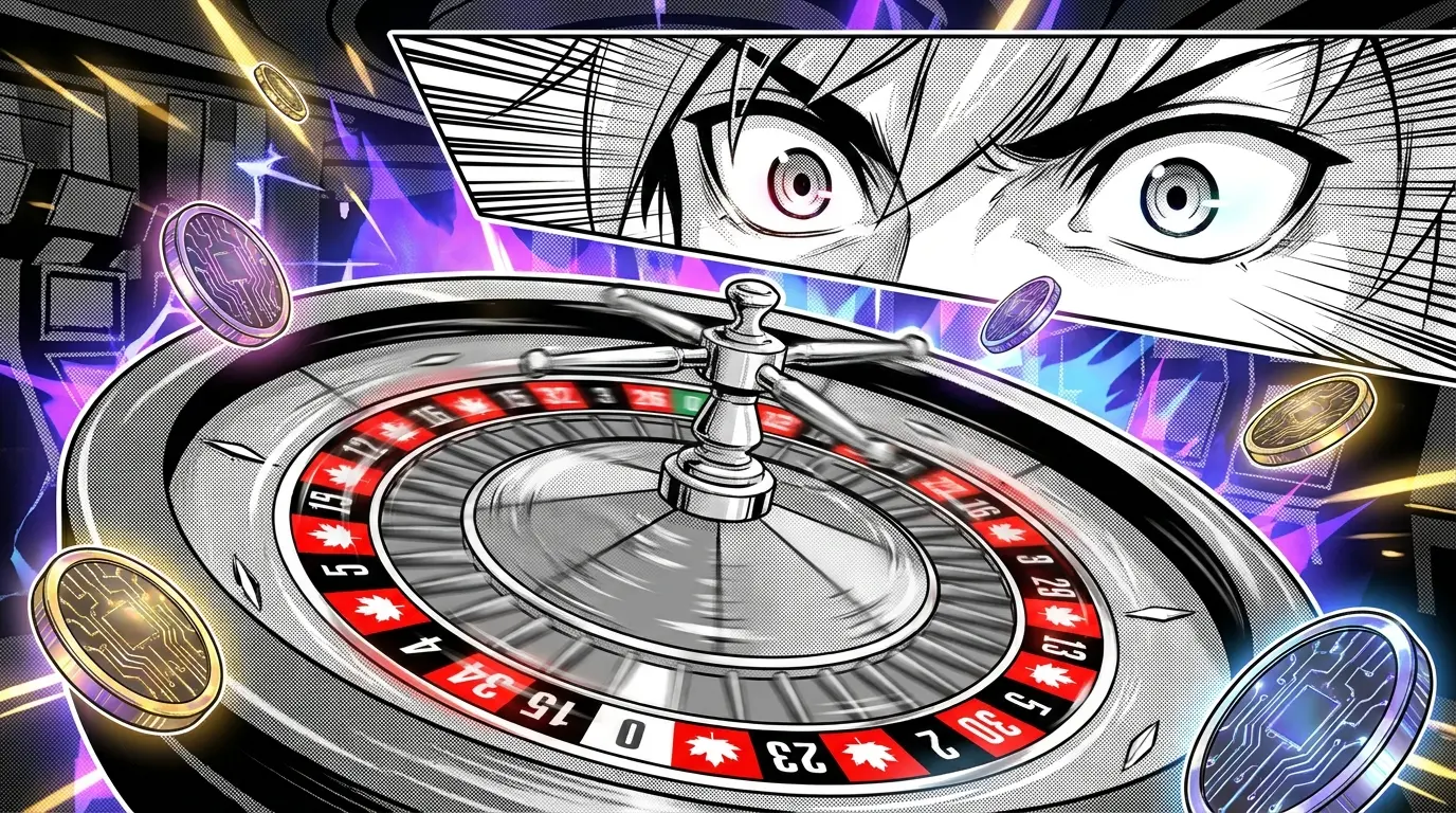 Roulette wheel with digital coins in casino setting