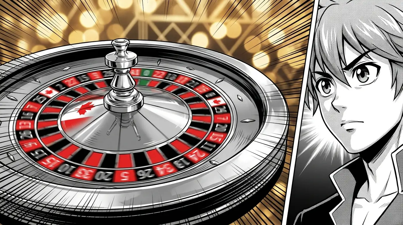 Spinning roulette wheel with red and white Canadian color theme