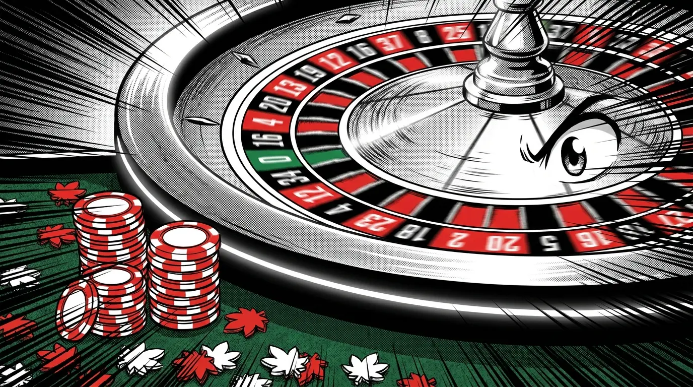 Roulette wheel spinning with maple leaf tokens and casino chips