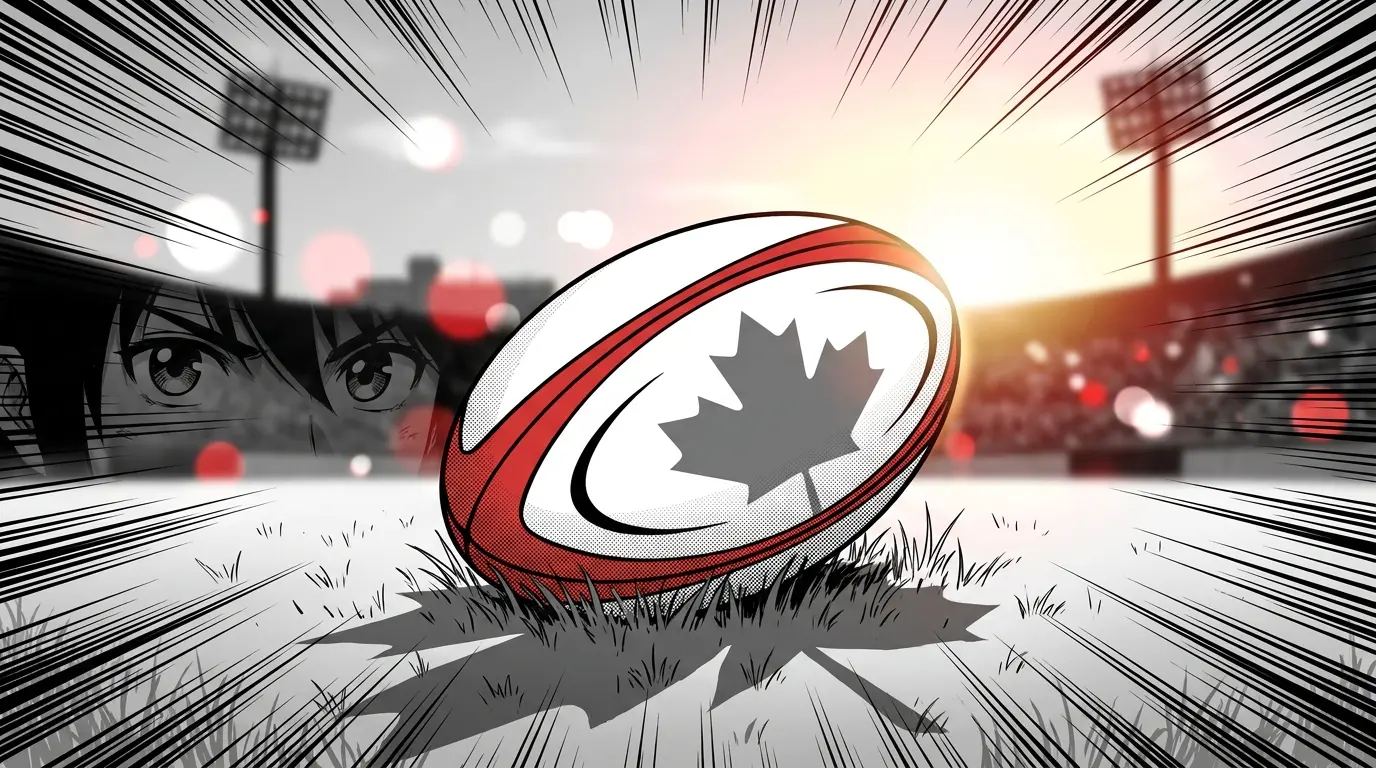 Rugby ball on grass with Canadian maple leaf shadow and stadium lights