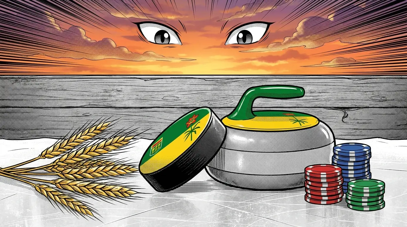 Saskatchewan sports symbols with casino chips on rustic surface