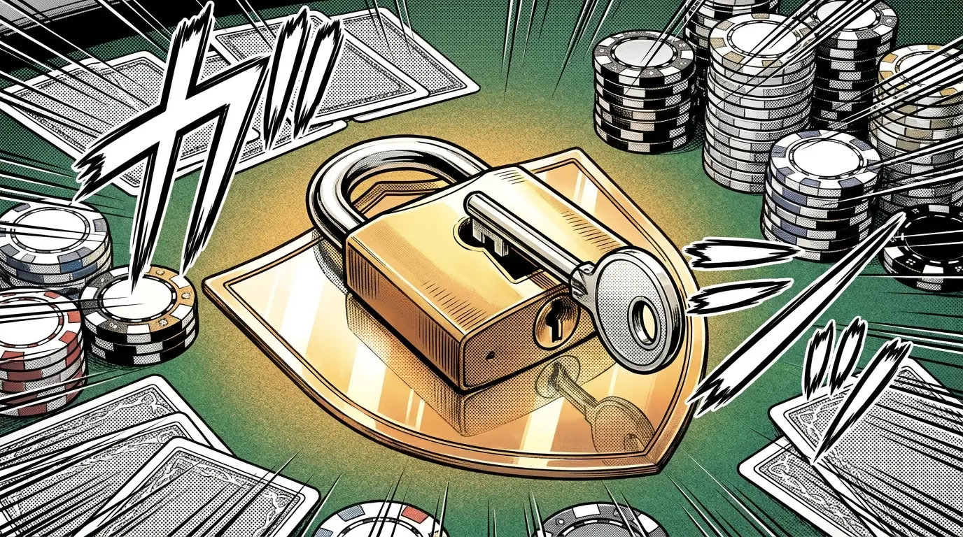 Golden padlock and key on casino table representing safe betting