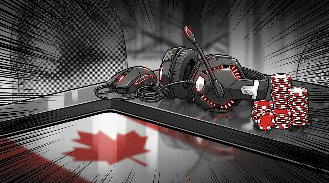 Gaming equipment with poker chips in Canadian colors on dark surface