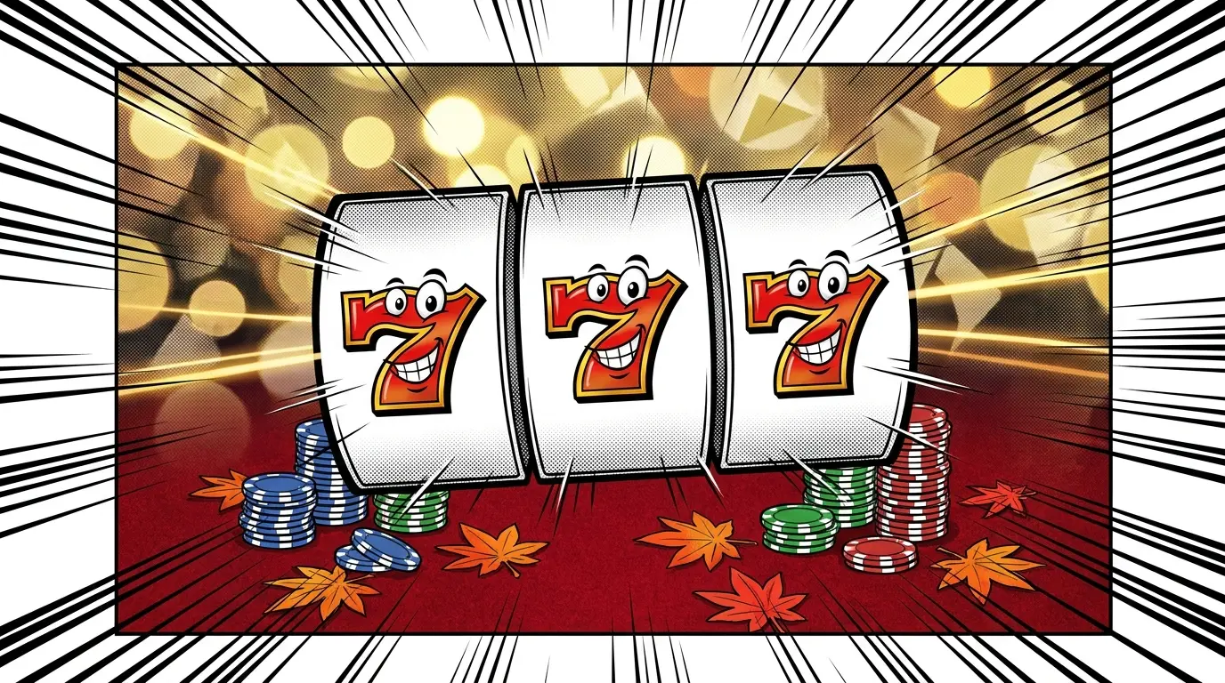 Casino slot reels with poker chips and maple leaves on red felt