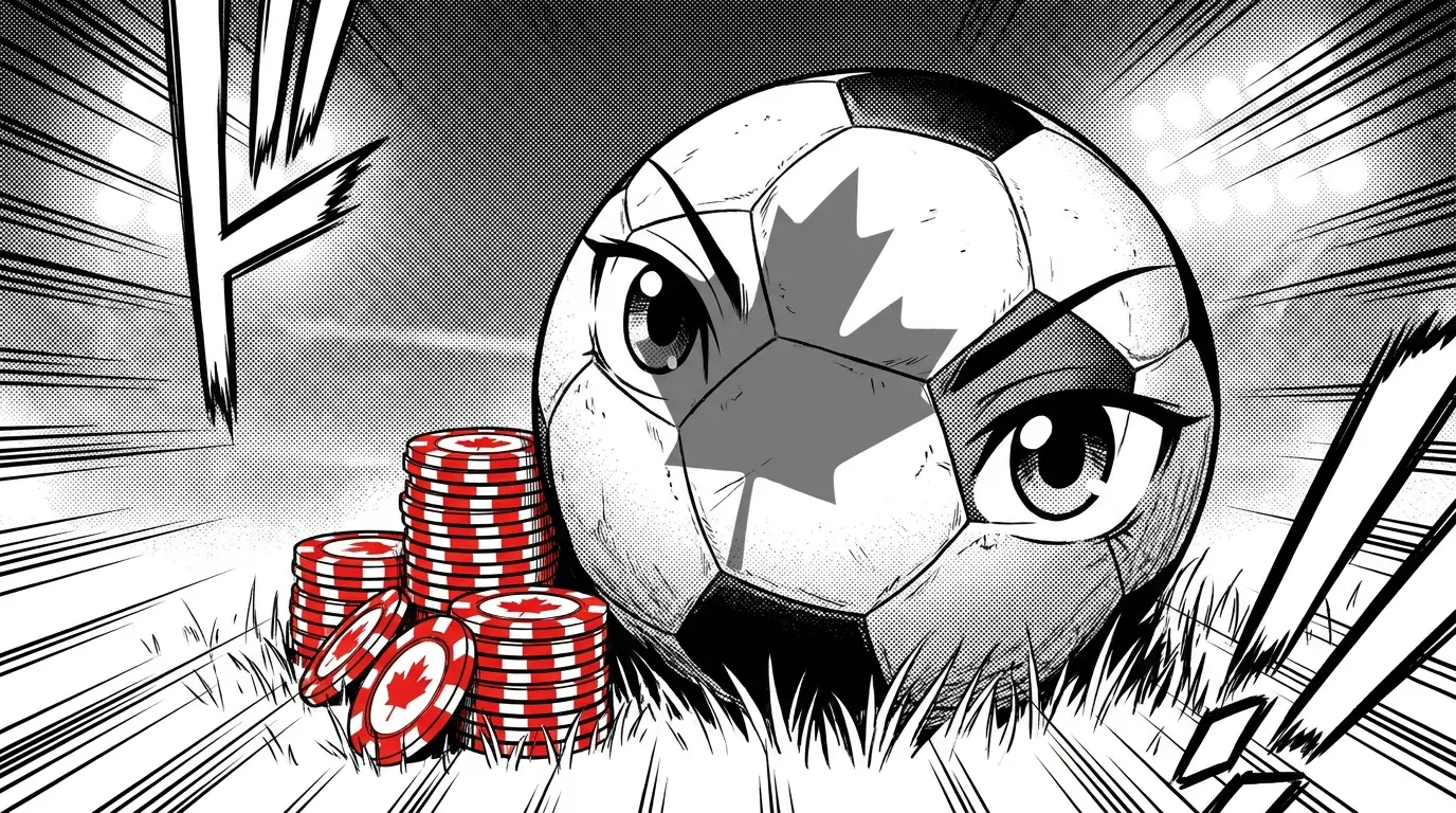 Soccer ball with poker chips in Canadian colors on stadium grass