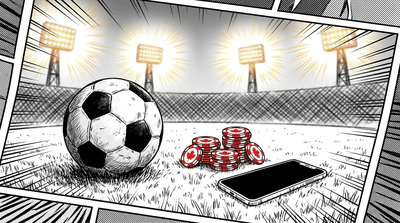 Soccer ball with betting chips and phone on stadium grass