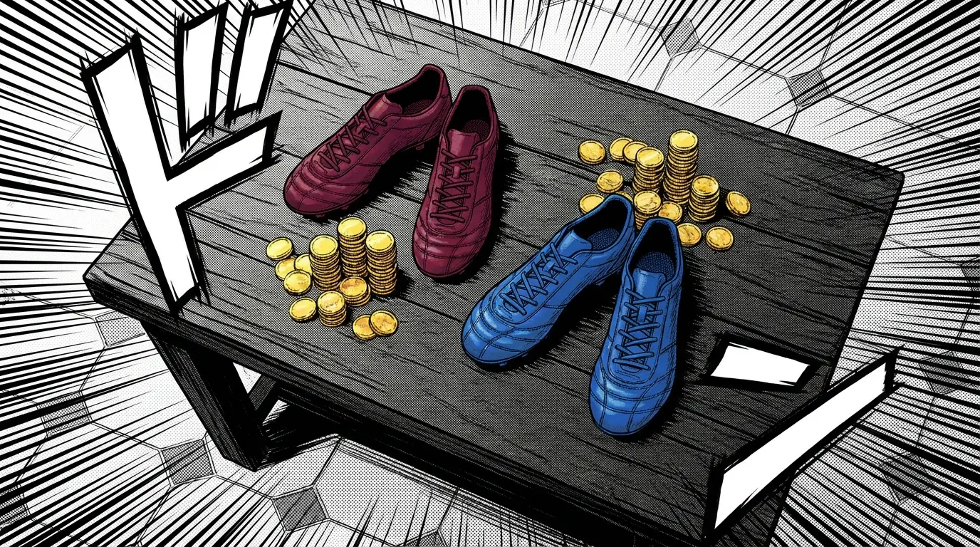 Football boots and coins on Spanish-inspired surface