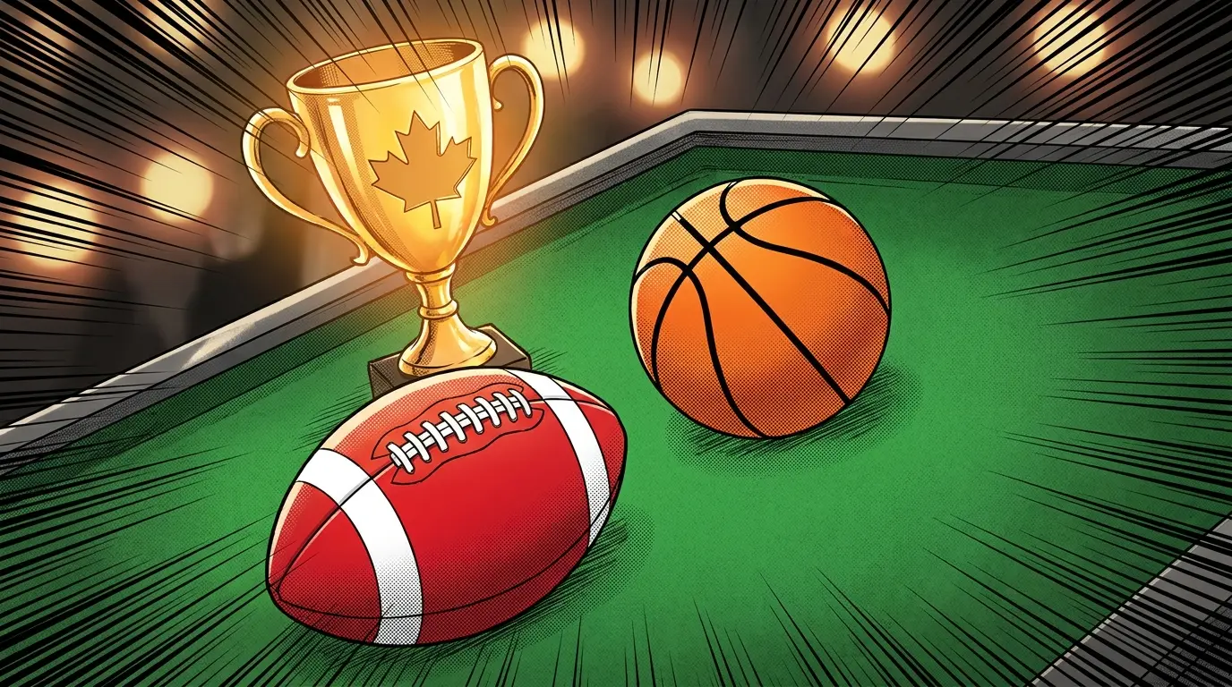 Sports balls on felt with golden trophy and Canadian maple leaf