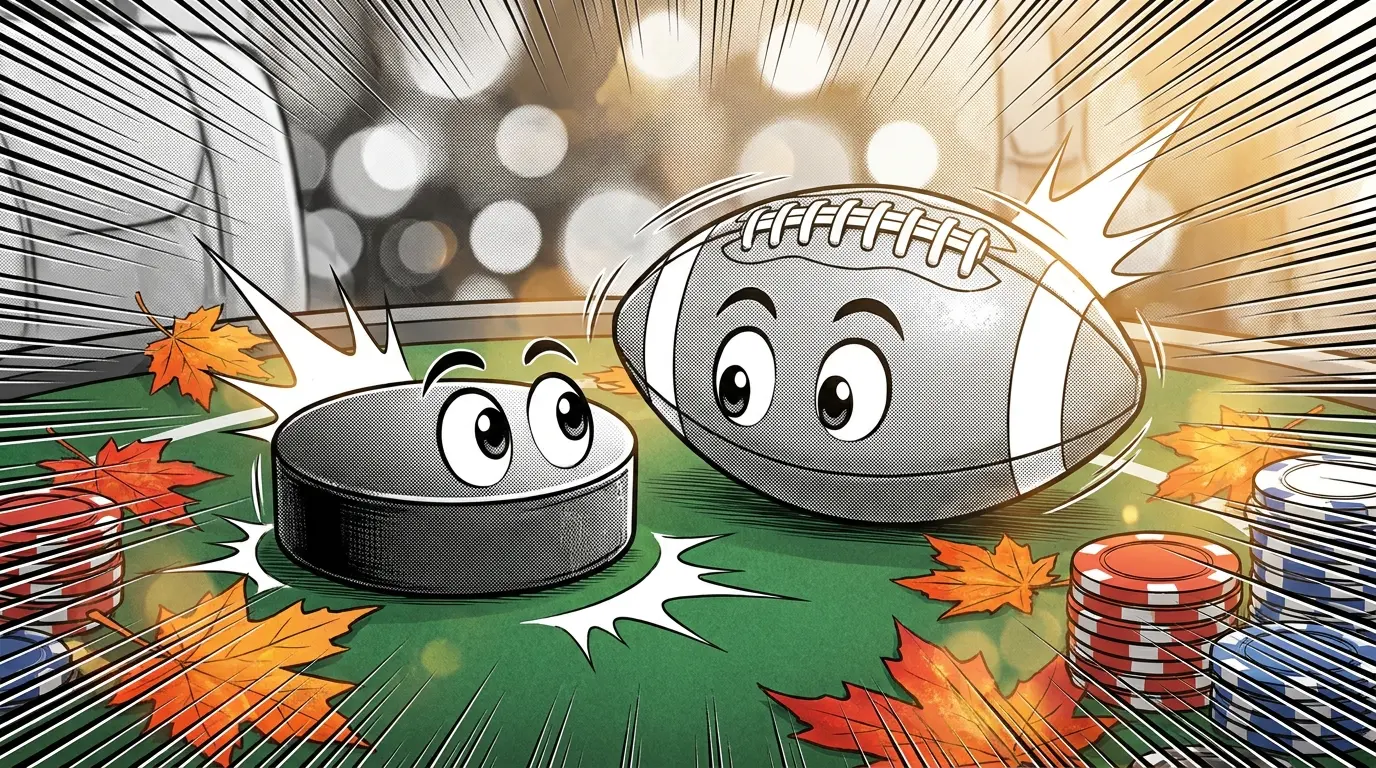 Sports equipment and betting chips with Canadian autumn atmosphere