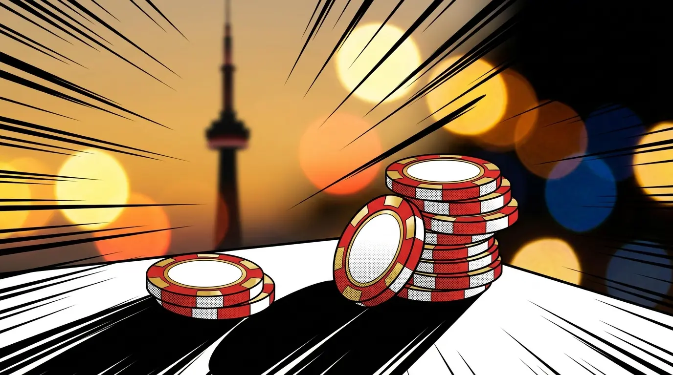 Casino chips with Toronto skyline silhouette at sunset
