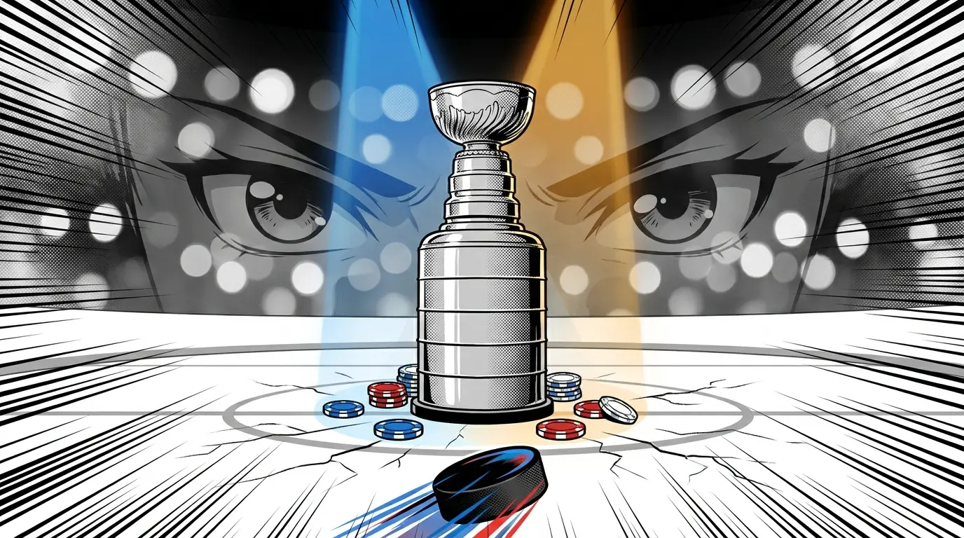 Hockey trophy surrounded by betting chips on ice with arena lights