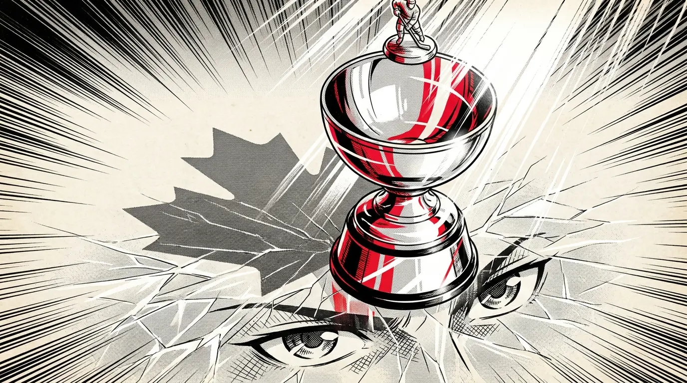Hockey trophy on ice with Canadian maple leaf shadow
