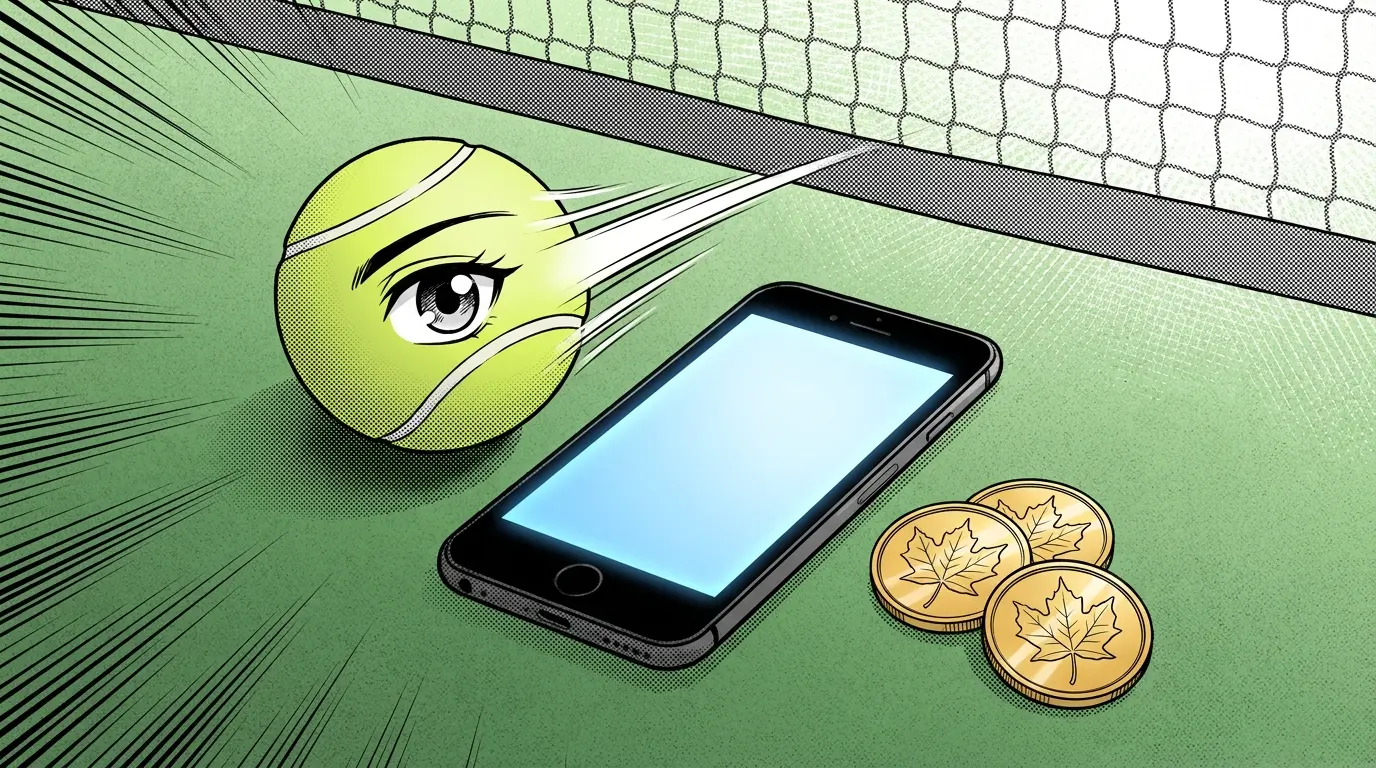 Tennis ball with phone and Canadian coins on court surface
