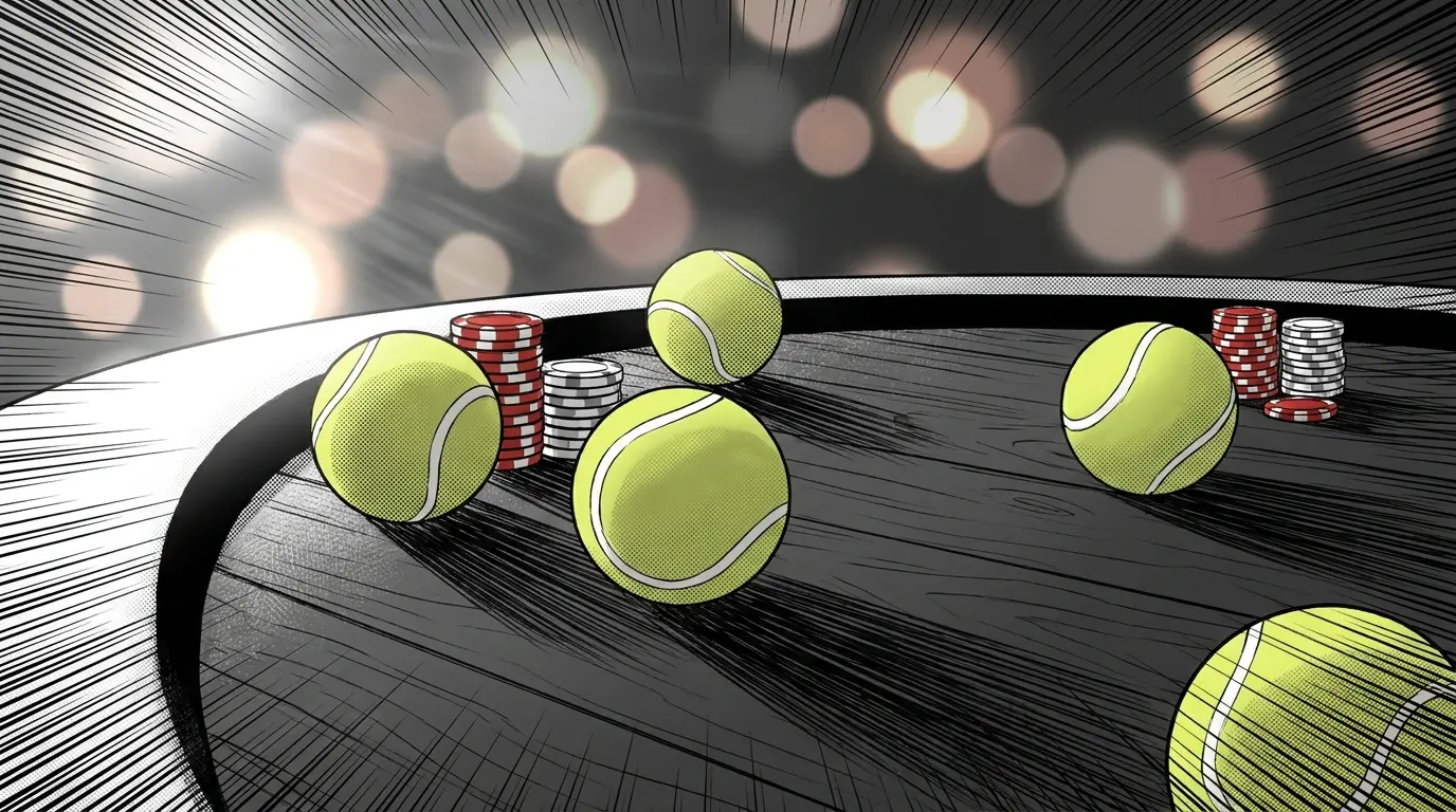 Tennis balls and casino chips arranged on wooden surface