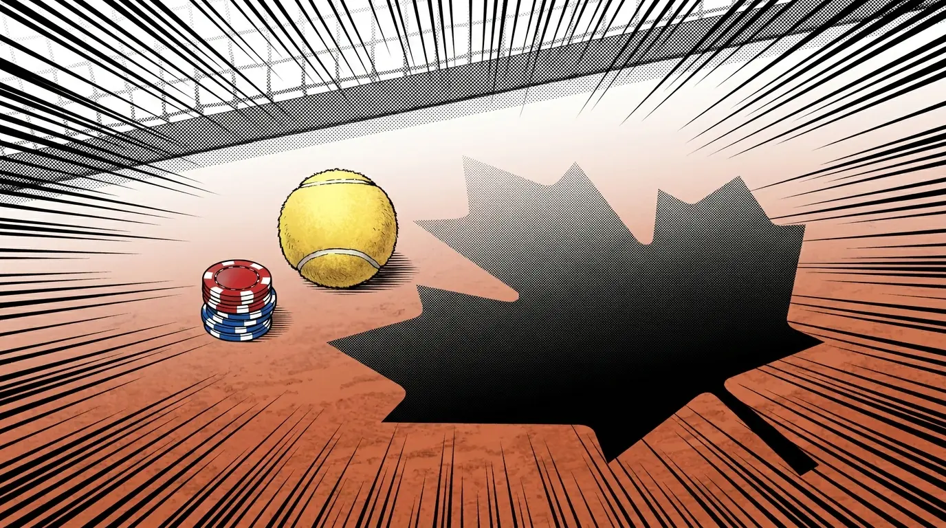 Tennis ball with poker chips on clay court with maple leaf shadow