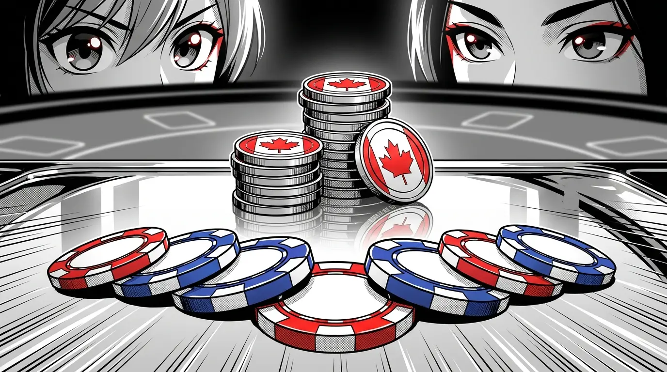 Cryptocurrency coins and poker chips on casino table with Canadian colors