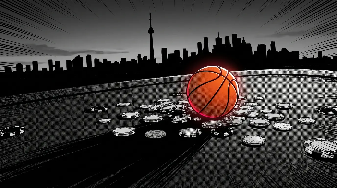 Basketball with poker chips and Toronto skyline at sunset