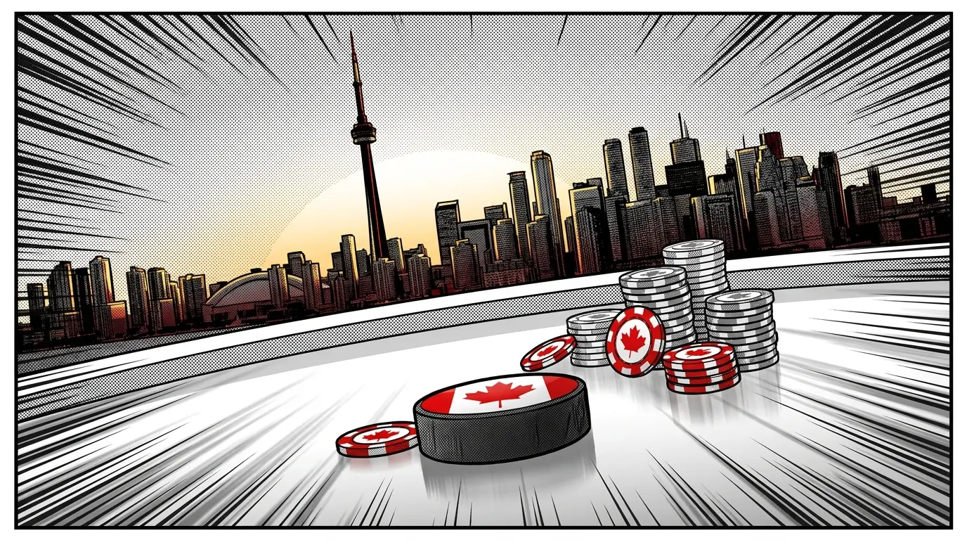 Hockey puck and casino chips with Toronto skyline backdrop