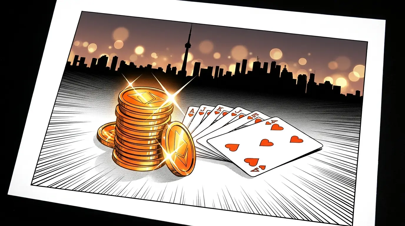 Coins and cards with Toronto skyline in background