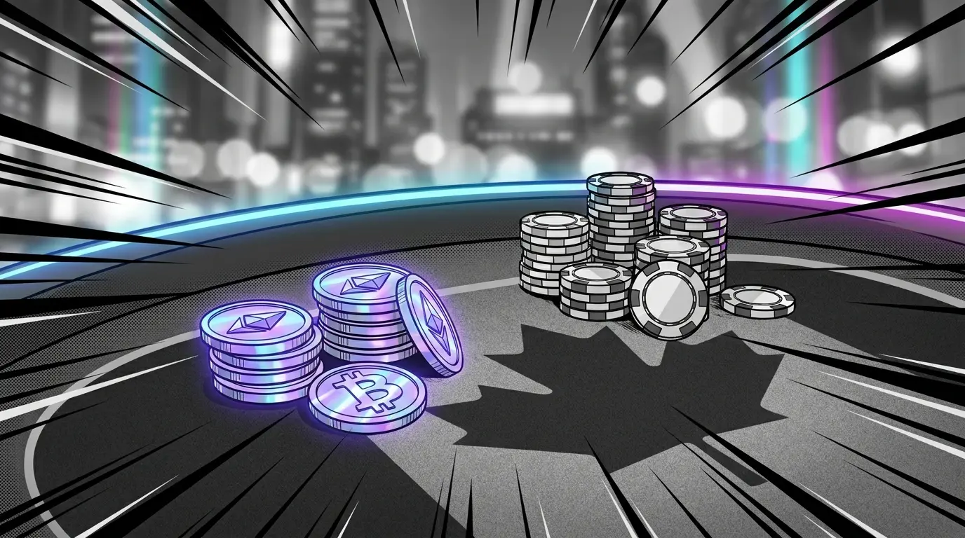 Cryptocurrency coins and poker chips on casino table